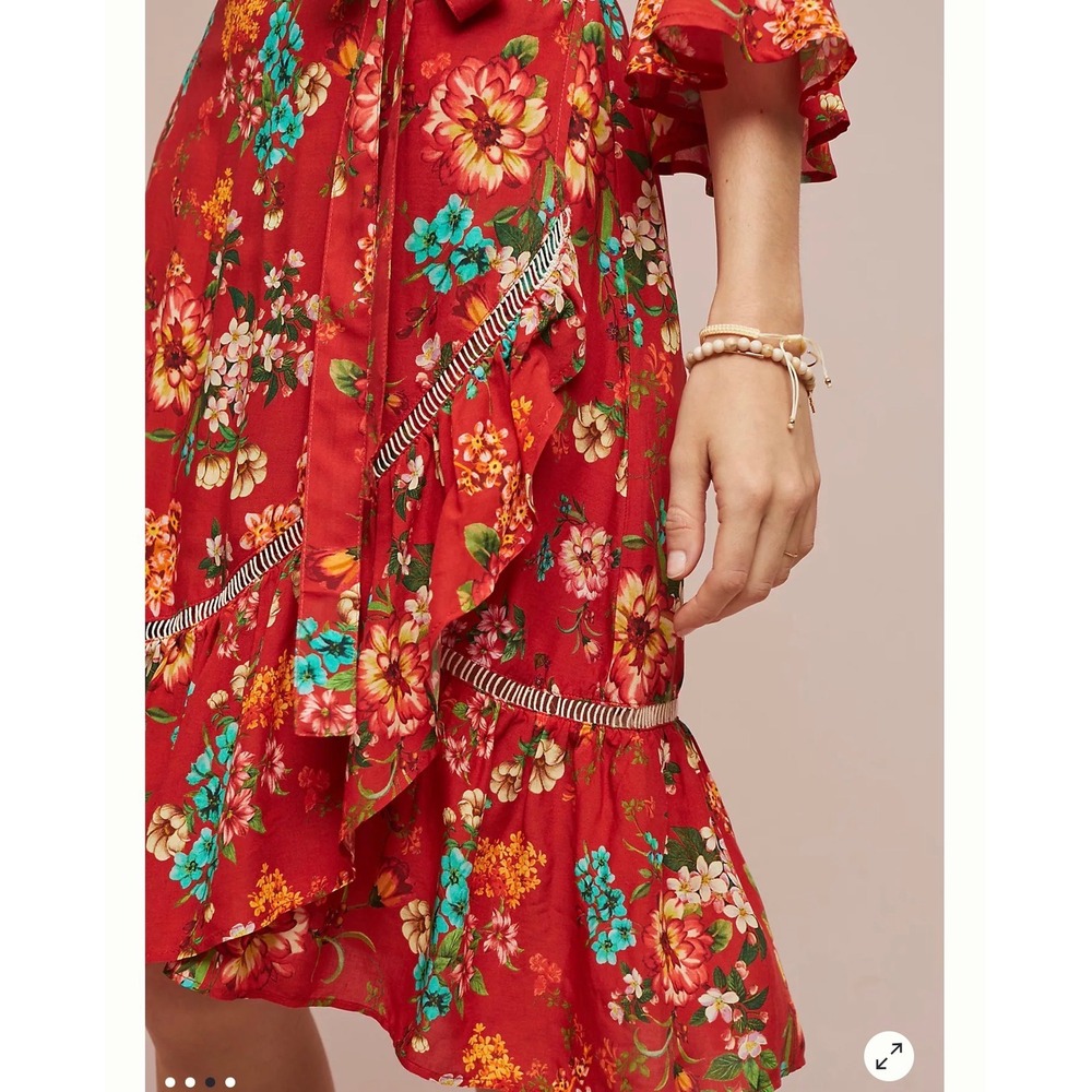 FARM Rio Wrap Dress Womens Small Red Floral Ruffle V-Neck Midi Anthropologie